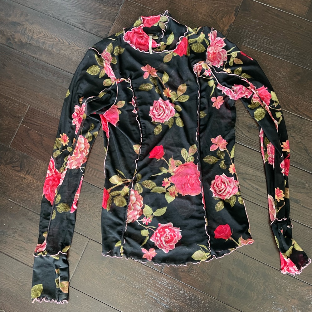 Free People Charlie Floral Long Sleeve Top - Black and Pink